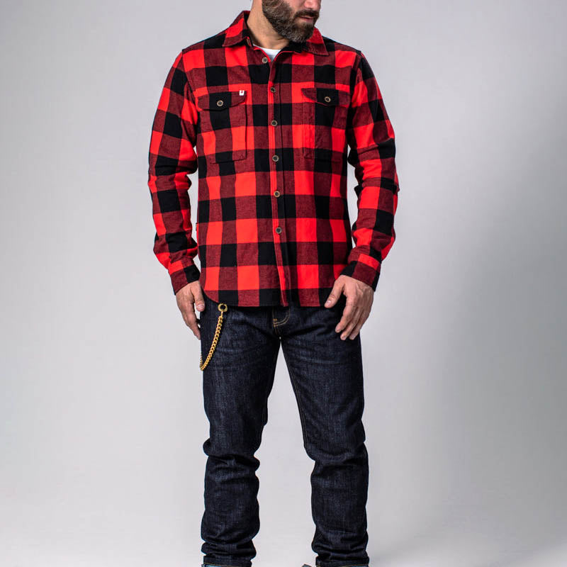 Cotton Yarn Dyed Flannel Red Plaid Men Long Sleeves Shirts