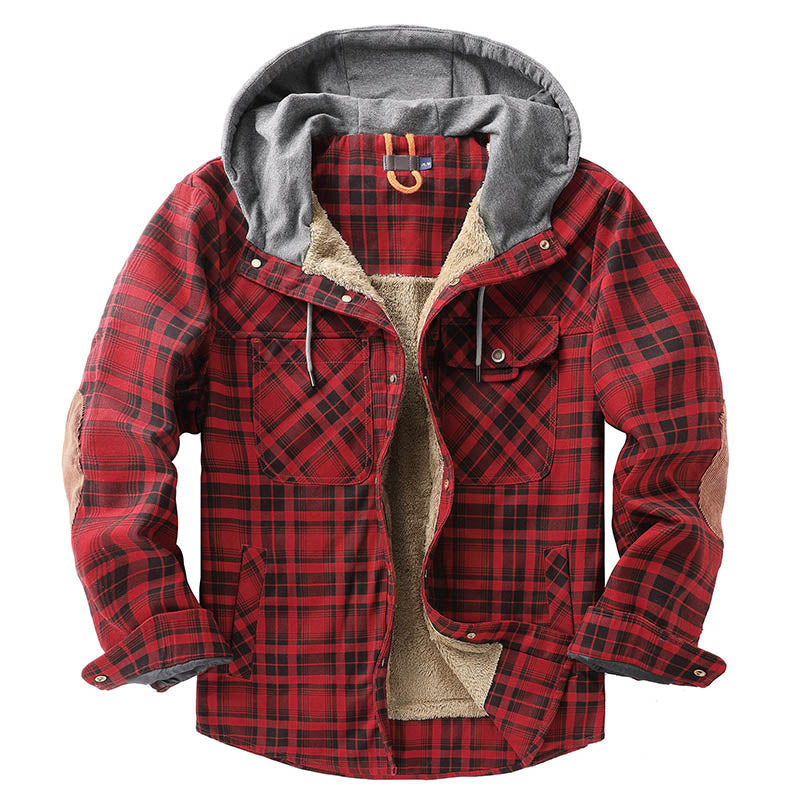 Thicken Plaid Shirt with Fleece Hooded Outdoor Plaid Jackets