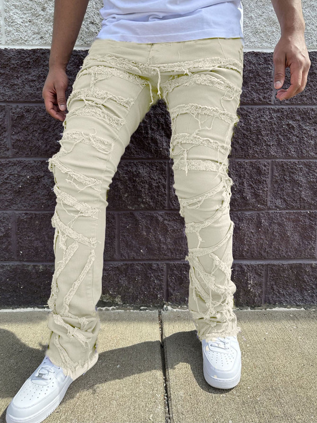 White Ripped empilhado jeans empilhado de jeans empilhados para homens