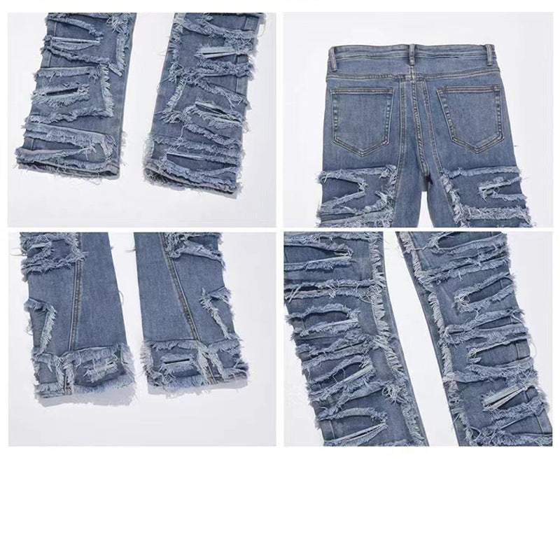 Homens empilhados jeans em jeans molhados em azul