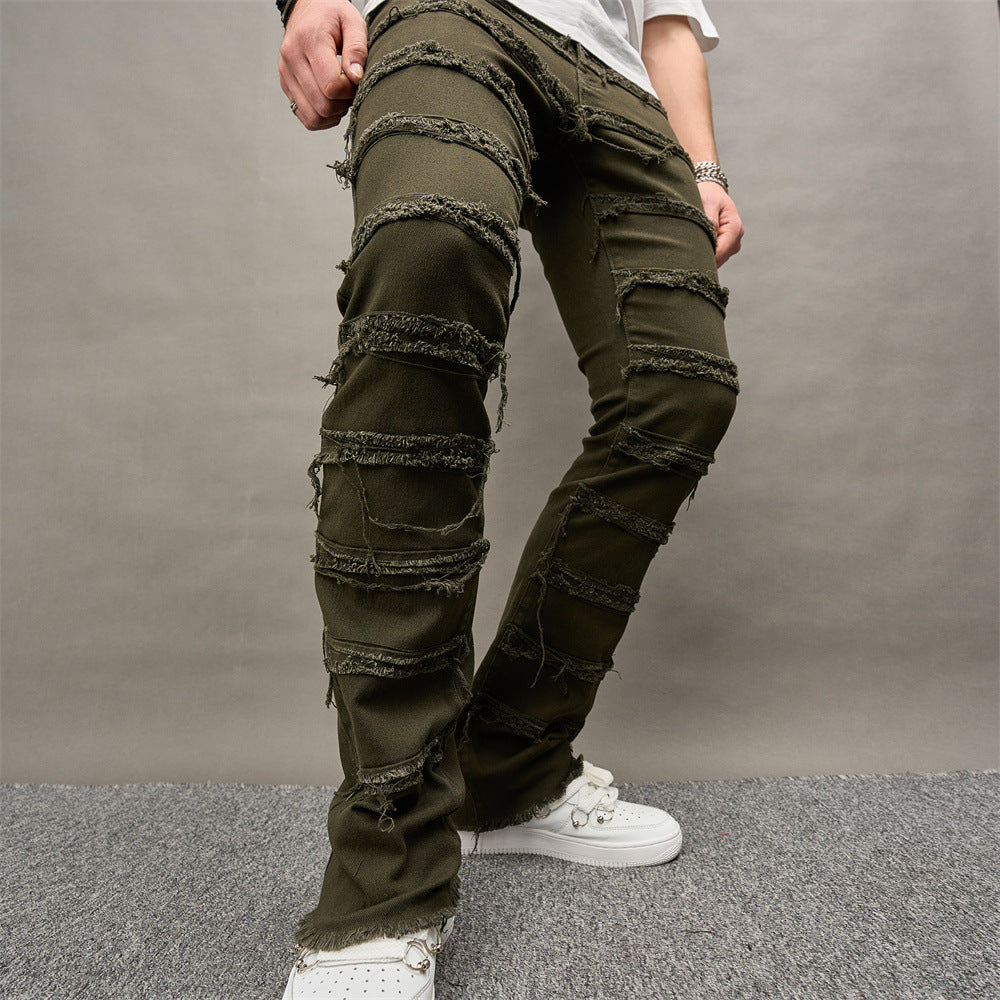 Camada masculina verde, camada masculina, jeans empilhados