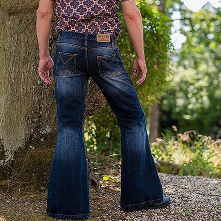 Calças de fundo de sino vintage masculinas de calça esticada de jeans queimados