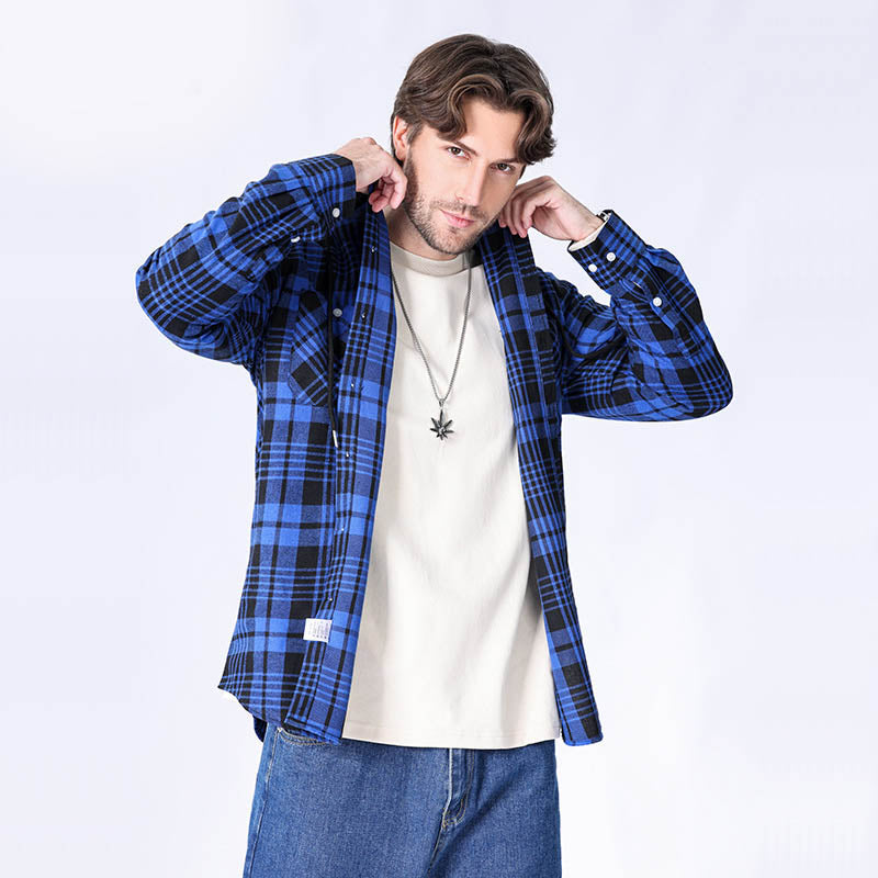 Hooded Casual Plaid Long-sleeved Shirt for Men in Blue