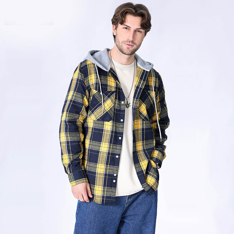 Hooded Casual Plaid Long-sleeved Shirt for Men in Blue