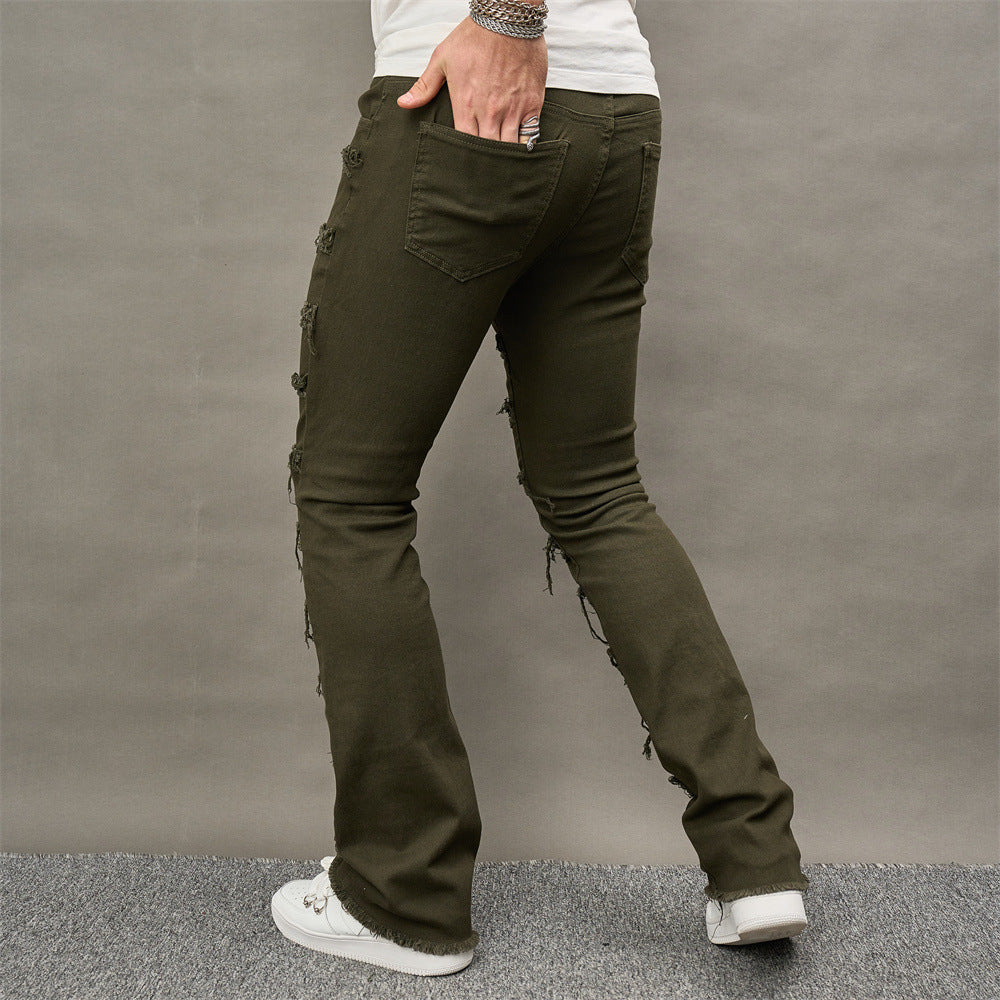 Camada masculina verde, camada masculina, jeans empilhados