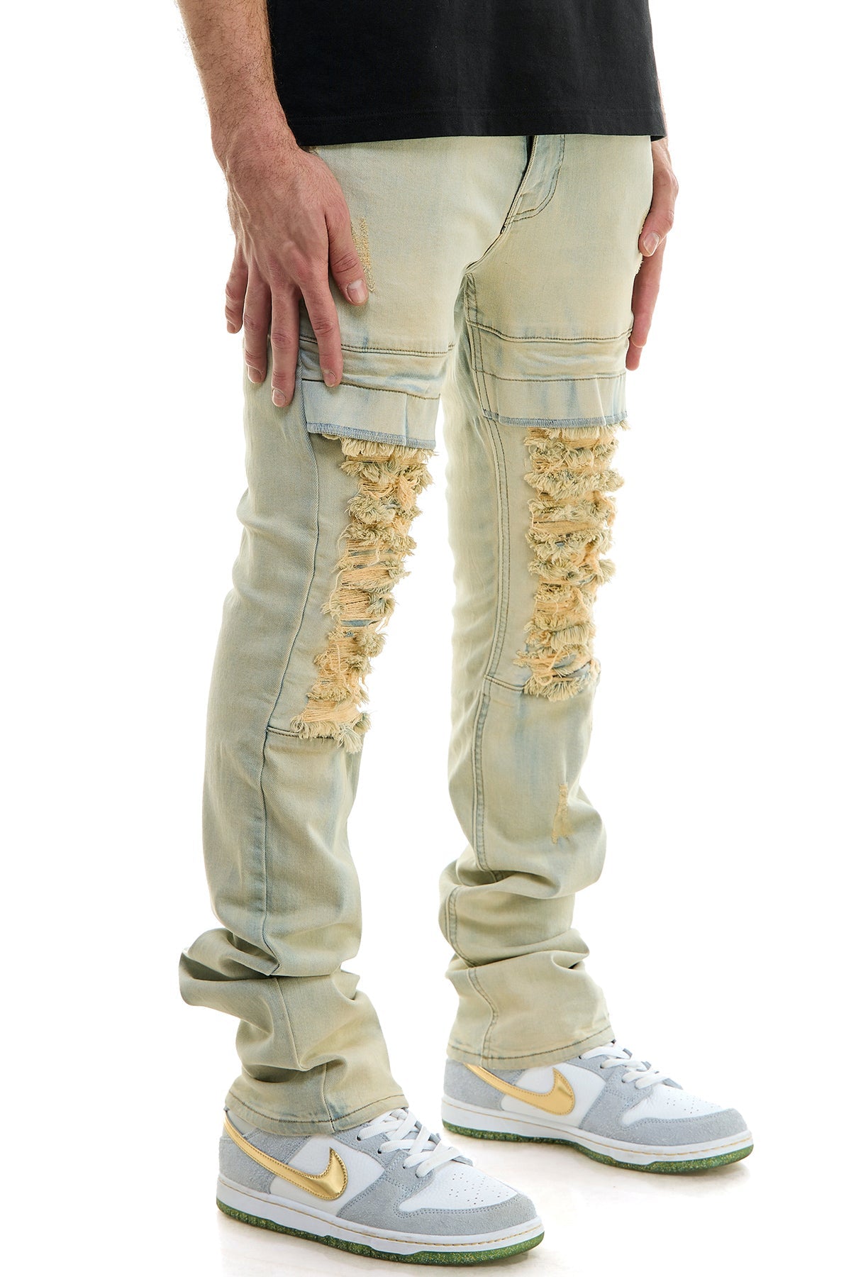 Pocket Skinny Stacked Jeans Heavy Distressed at Knees in Tinted Stretch ...