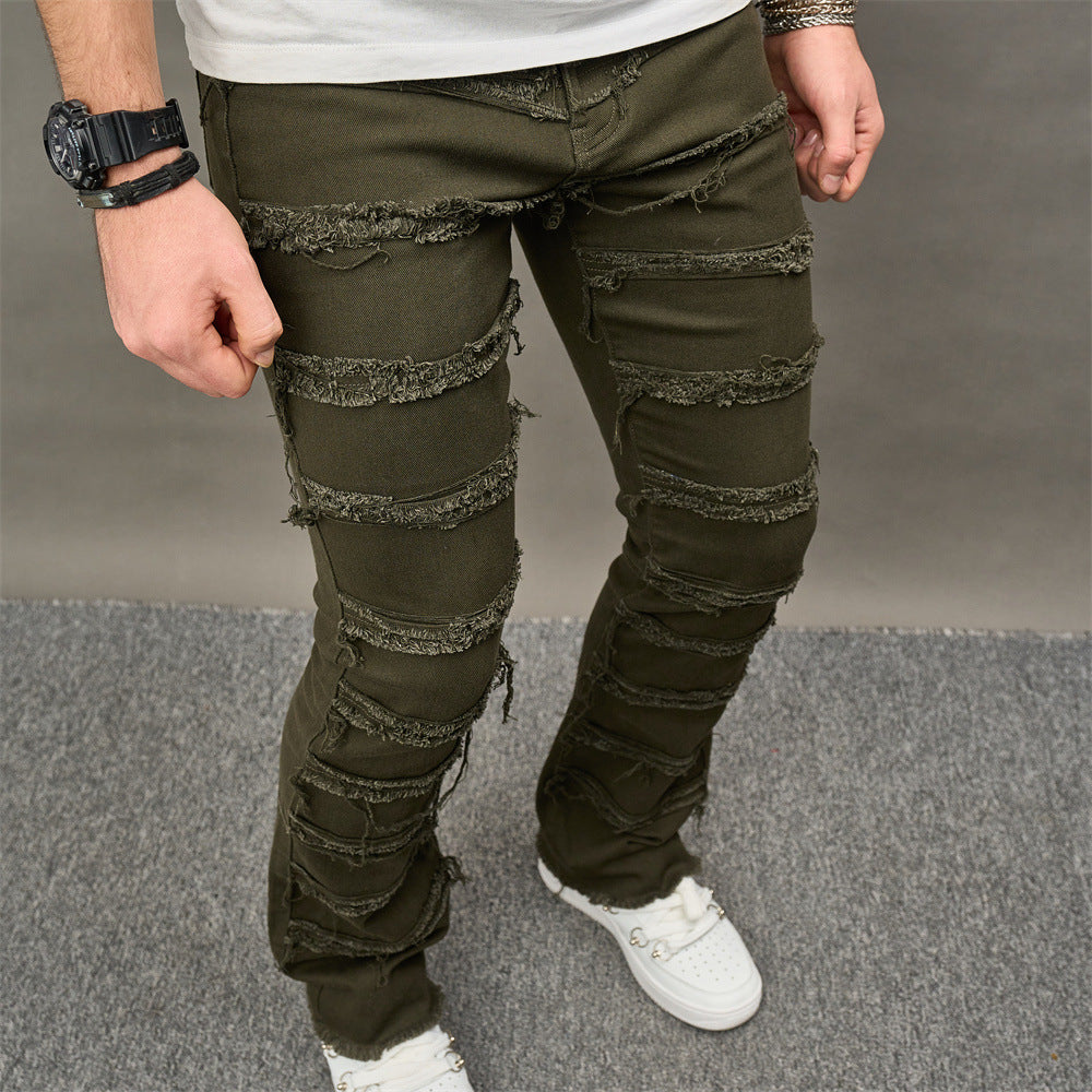 Camada masculina verde, camada masculina, jeans empilhados