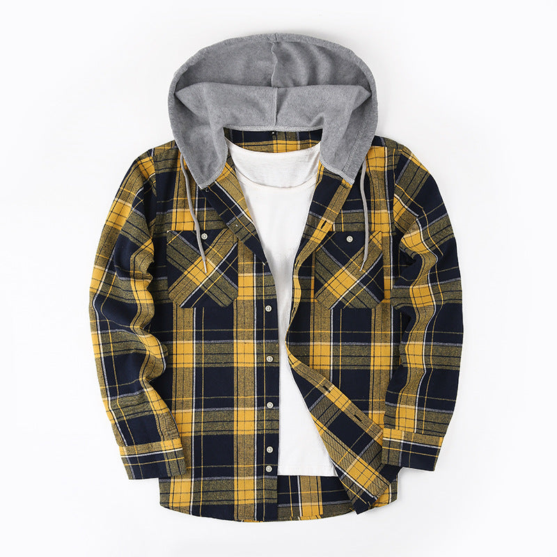 Hooded Casual Plaid Long-sleeved Shirt for Men in Blue