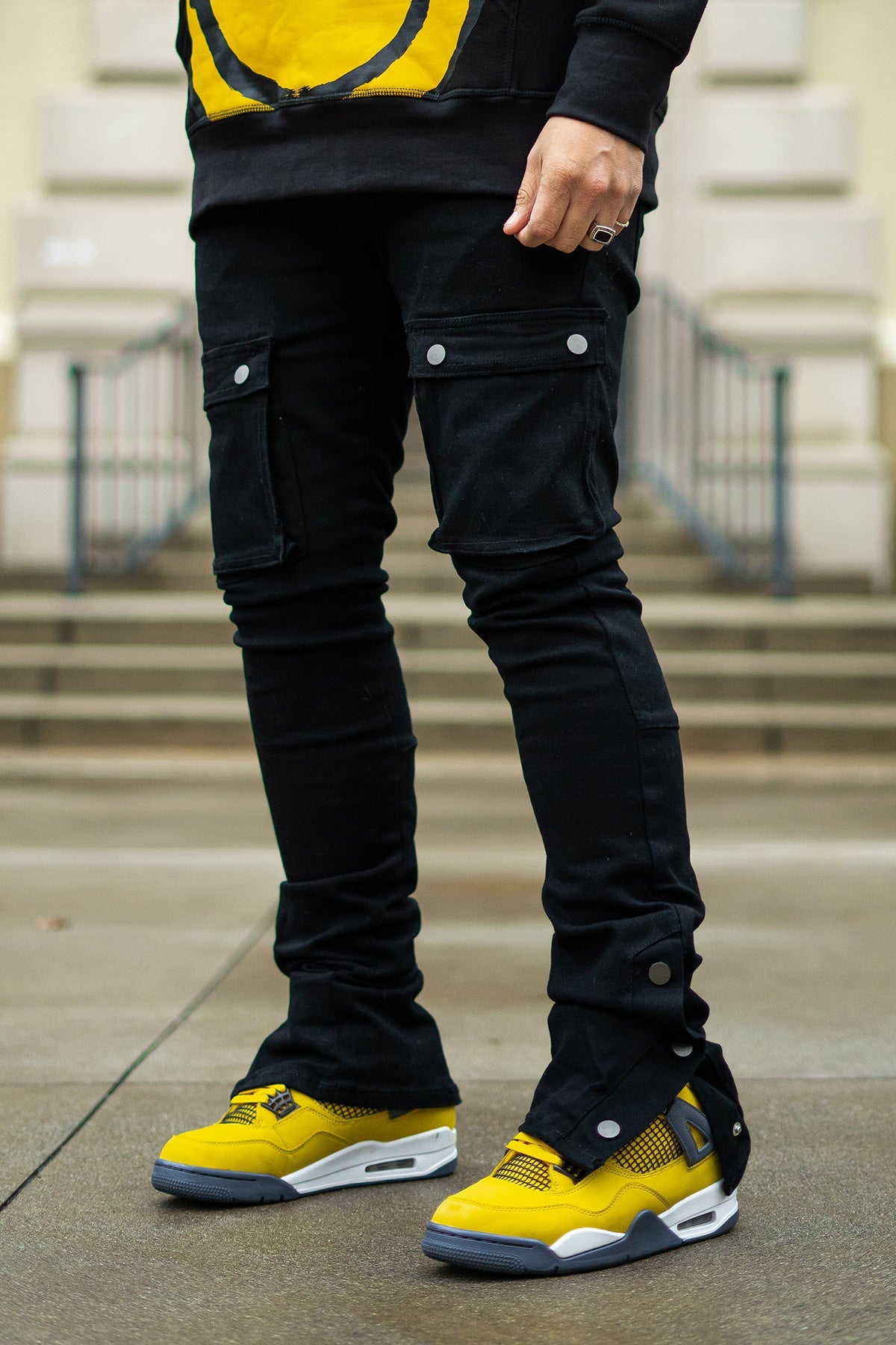 Black Stacked Snap Jeans Big Pocket Cargo Pants