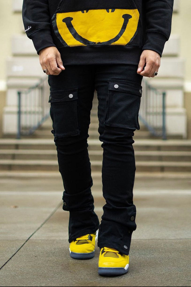 Black Stacked Snap Jeans Big Pocket Cargo Pants