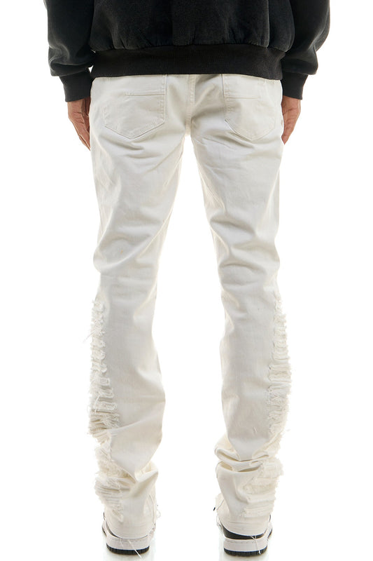 White Men Stacked Pants in Stretch Twill