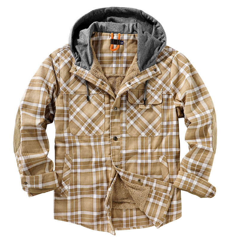 Thicken Plaid Shirt with Fleece Hooded Outdoor Plaid Jackets