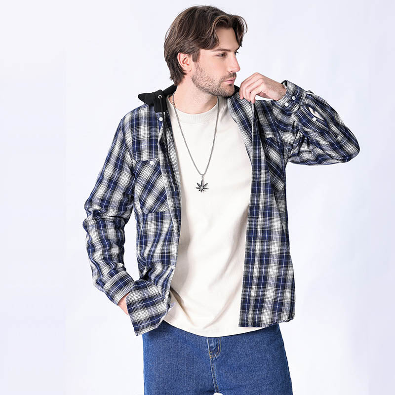 Hooded Casual Plaid Long-sleeved Shirt for Men