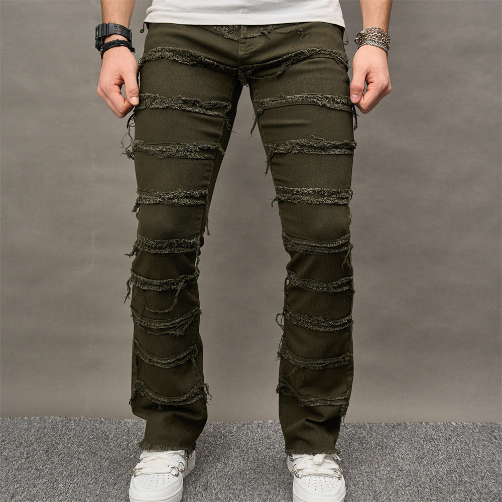 Camada masculina verde, camada masculina, jeans empilhados