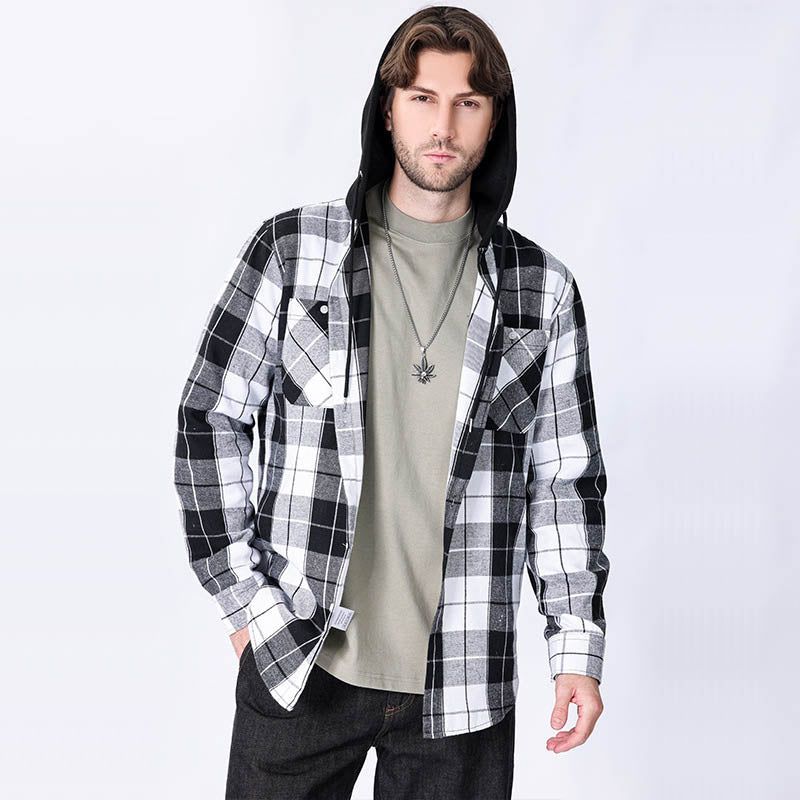 Hooded Casual Plaid Long-sleeved Shirt for Men in Blue