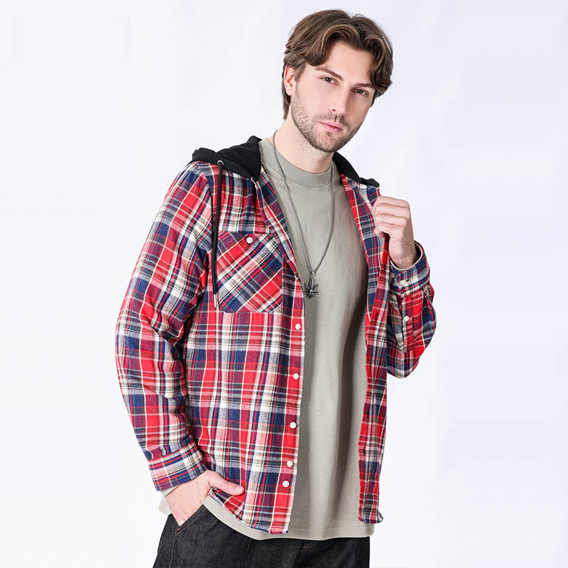 Hooded Casual Plaid Long-sleeved Shirt for Men