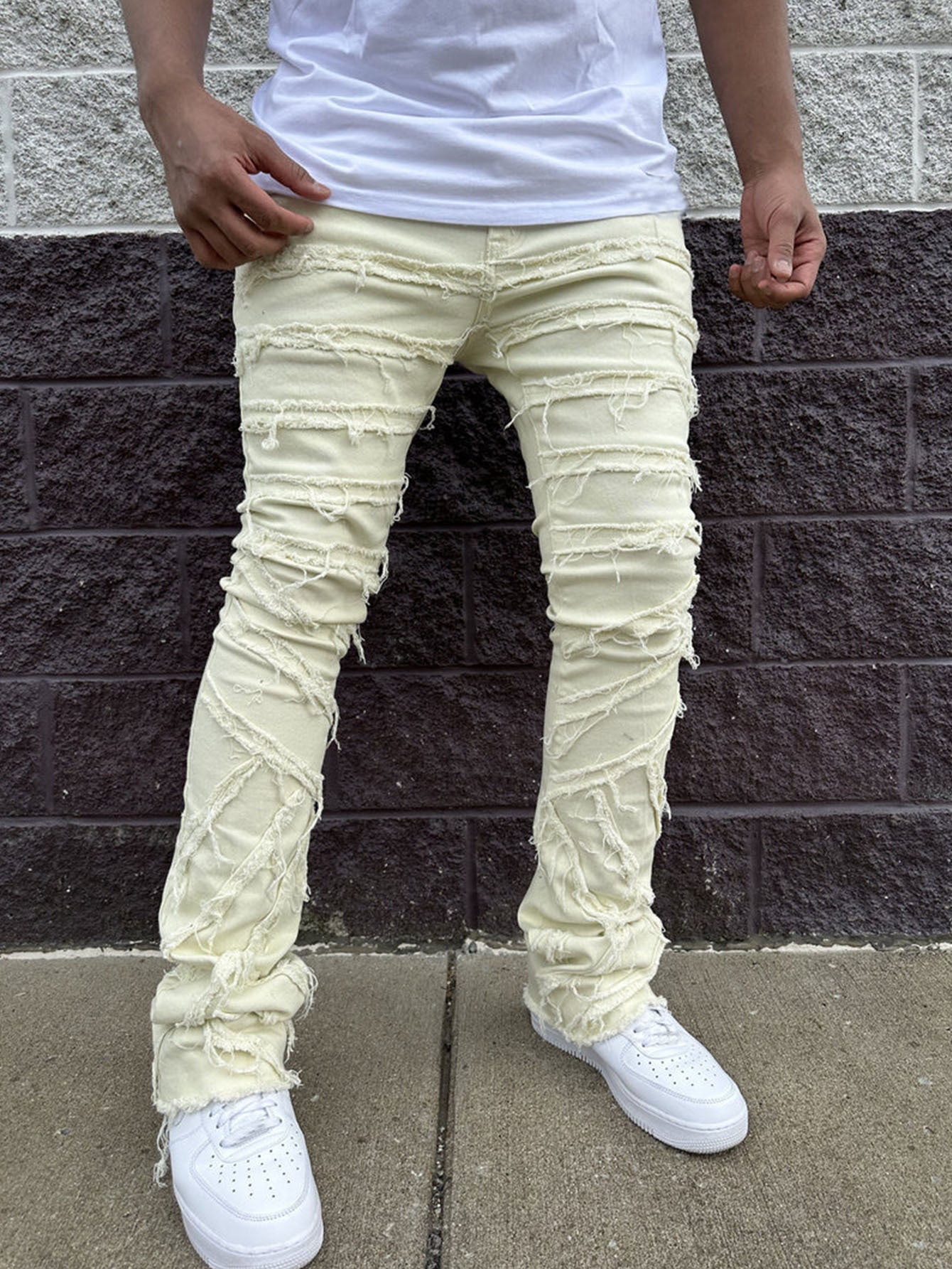 White Ripped empilhado jeans empilhado de jeans empilhados para homens