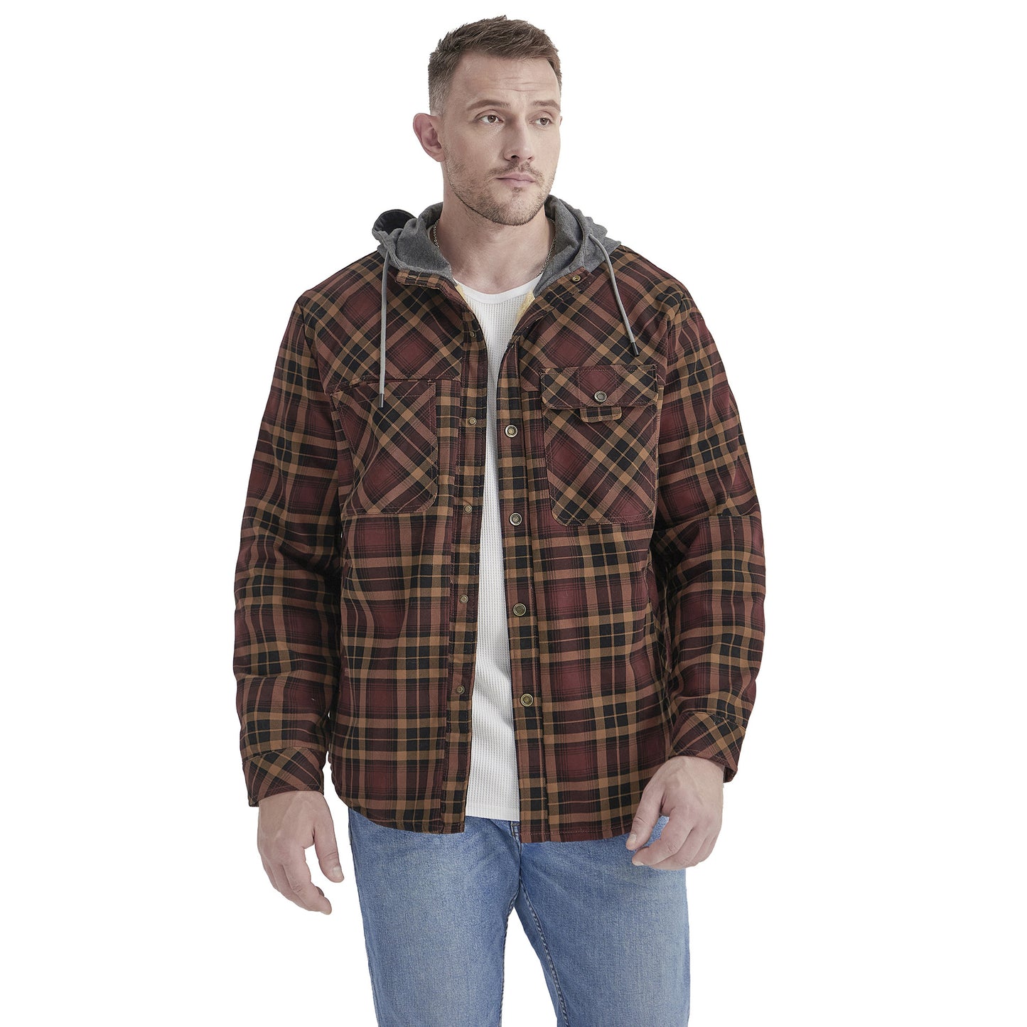 Thicken Plaid Shirt with Fleece Hooded Outdoor Plaid Jackets