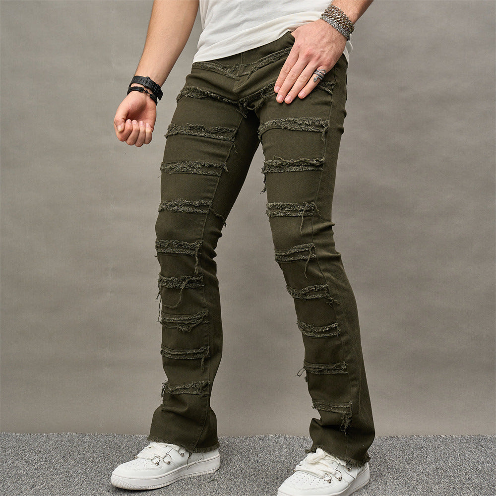 Camada masculina verde, camada masculina, jeans empilhados