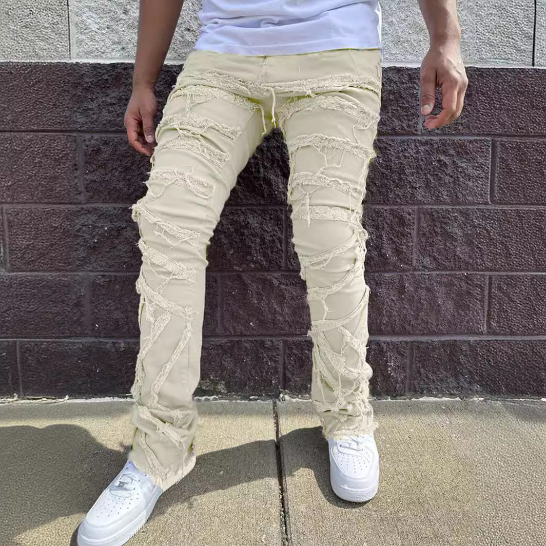 White Ripped empilhado jeans empilhado de jeans empilhados para homens