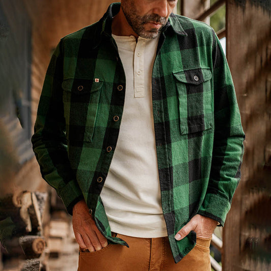 Coton à manches longues Flanelle Plaid Shirt Green