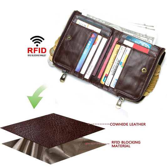 Casual Anti-theft Brush RFID Leather Double Zipper Men's Wallet