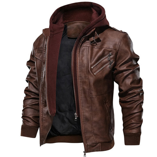 Casual Detachable Hooded PU Men Jacket - KINGEOUS