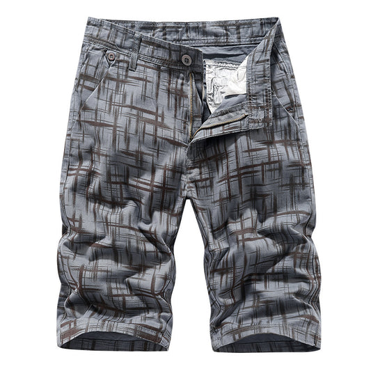 Men's Casual Five-point Pants Straight Wash Plaid Cotton Shorts