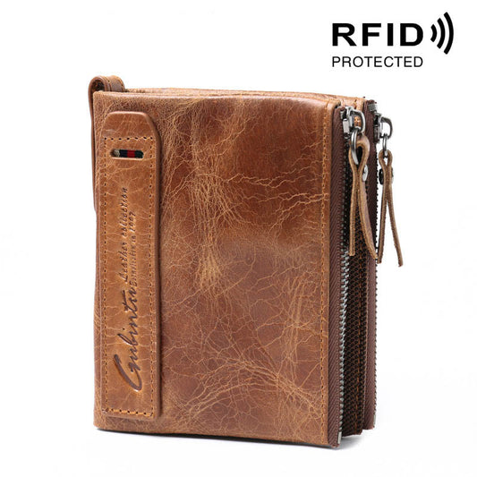 Retro Leder Doppel Reißverschluss RFID Herrengeld Clip Wallet