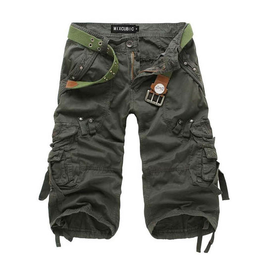 Calf-length Cargo Solid Color Multi-pocket Men Shorts - KINGEOUS