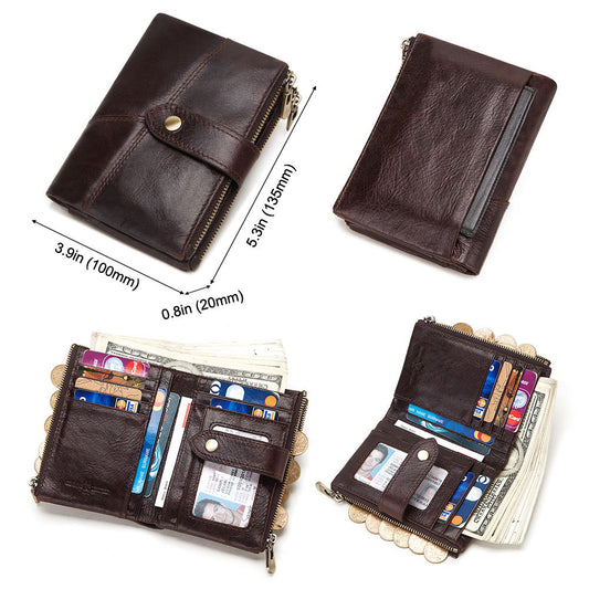 First Layer Cowhide RFID Leather Double Zipper Coin Men's Wallet